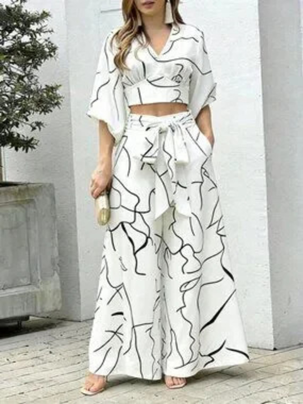 ZARA White Elegant Women's Geometric Pattern Casual Waist Belt coord set